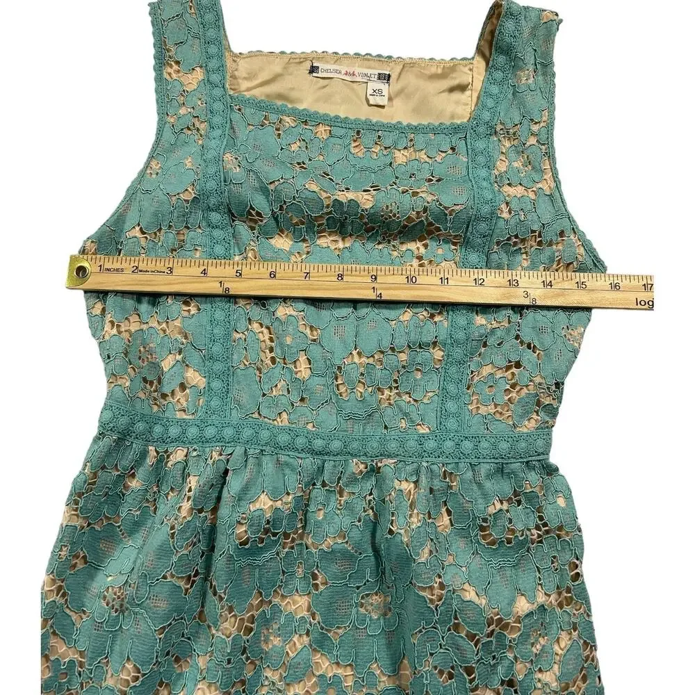 Chelsea & Violet Teal Lace Dress Nude Lined Sleeveless Square Neck Fit Flare XS - Picture 10 of 16